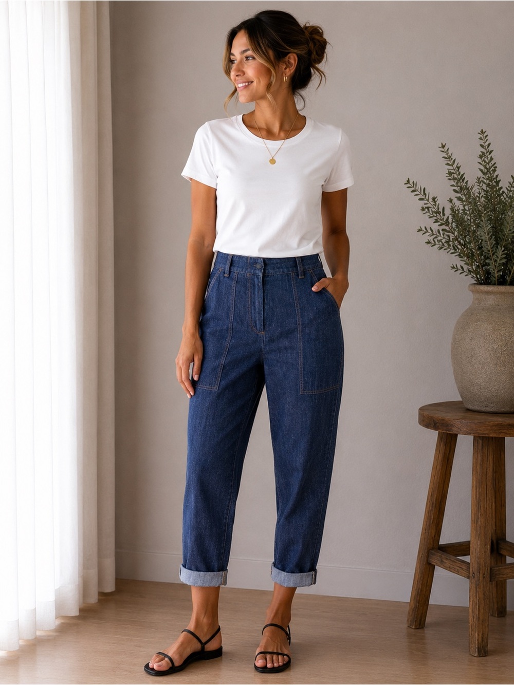 Peserico Women’s Cotton Blend Blue High Rise Folded Hem Pants size 46
